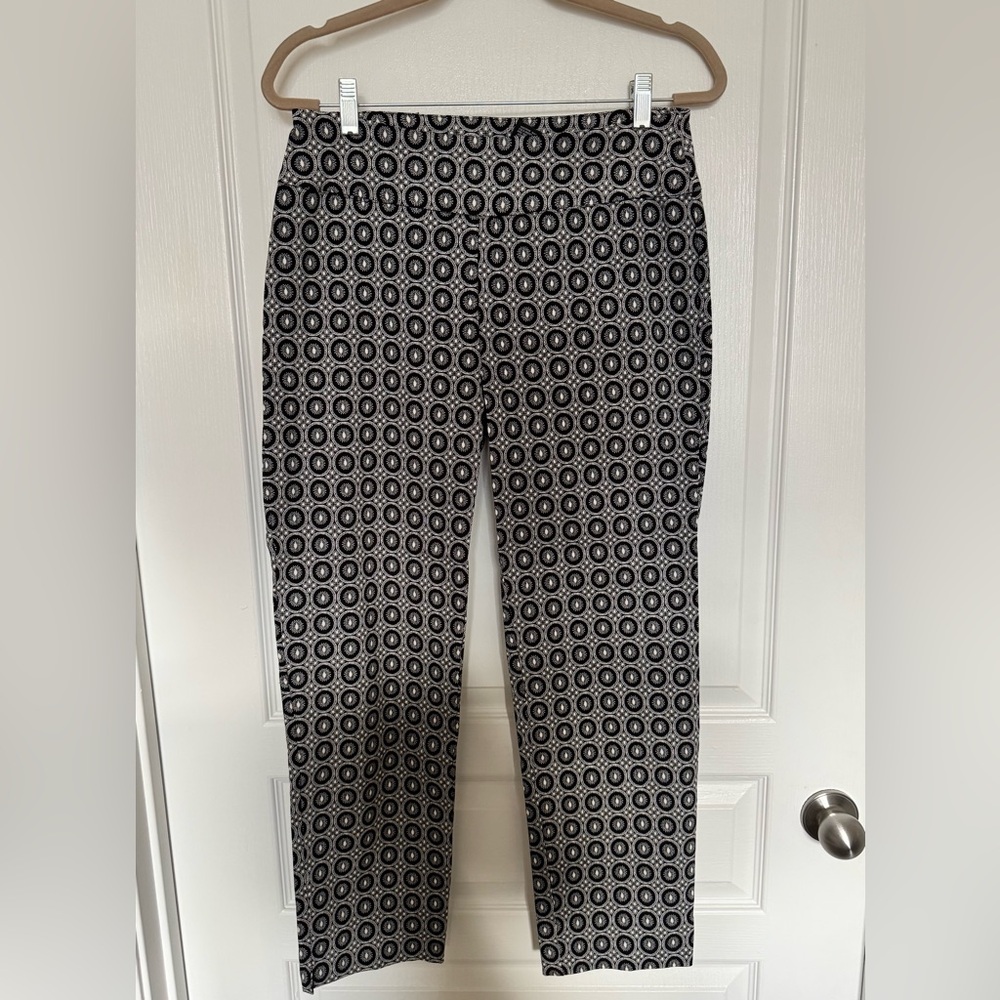 Zac & Rachel Black & White Floral Print Elastic Waist Stretch Ankle Pants Sz 10